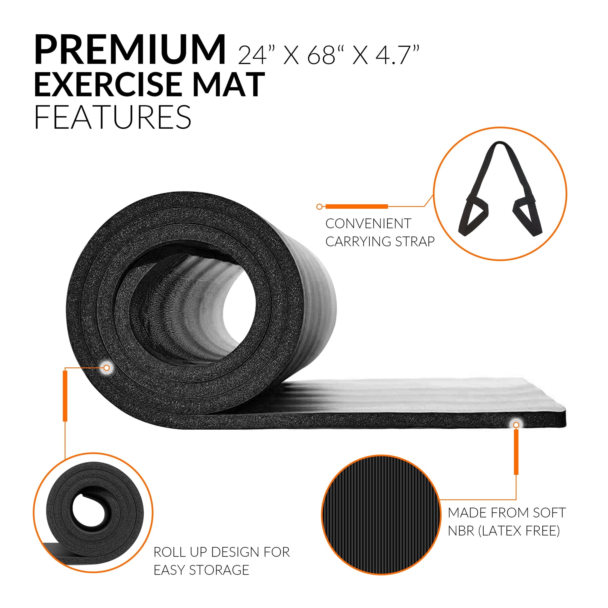 High Density NBR Exercise Mat with Carry Strap, Size: 68Inx24Inx.47In (12Mm Thick) Black