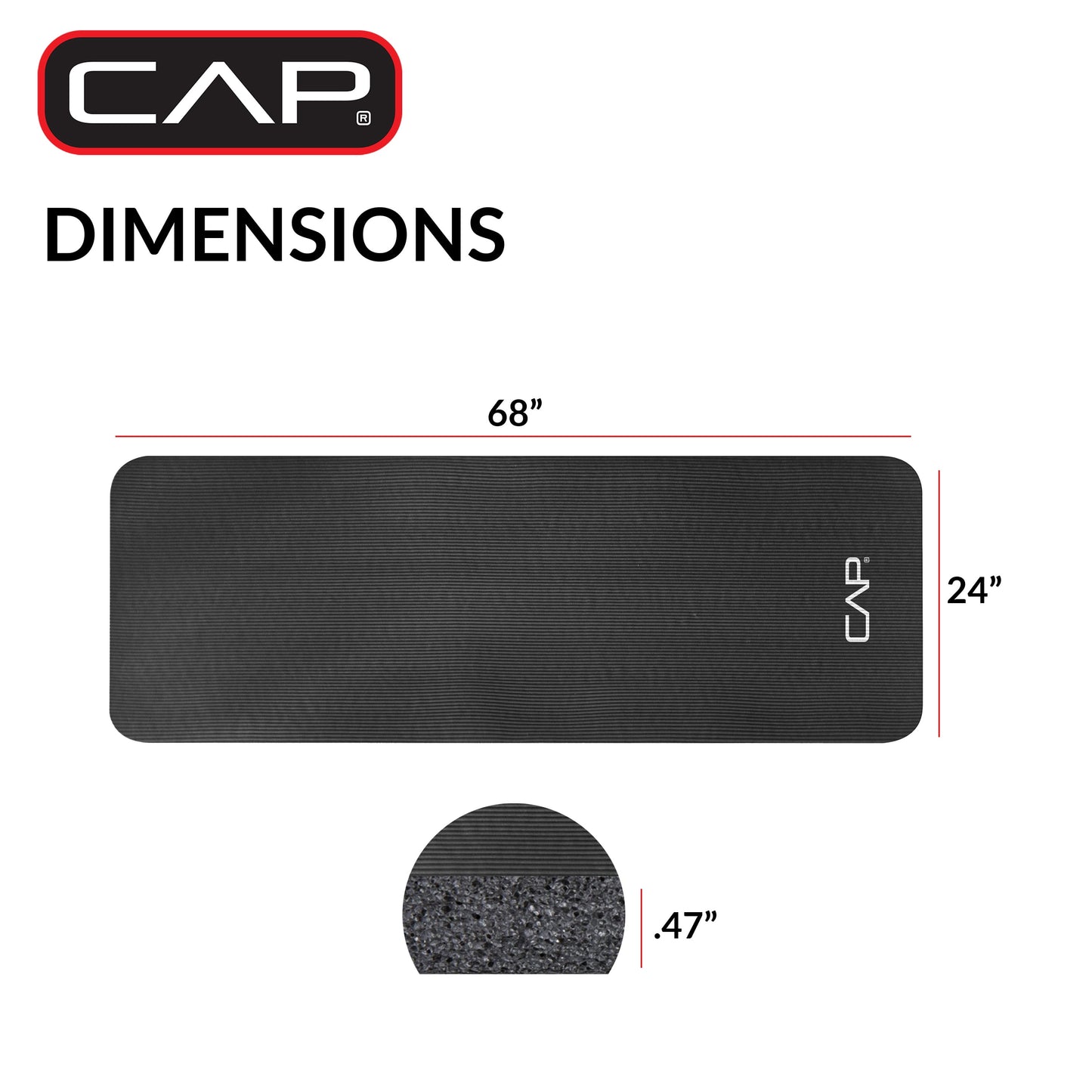 High Density NBR Exercise Mat with Carry Strap, Size: 68Inx24Inx.47In (12Mm Thick) Black
